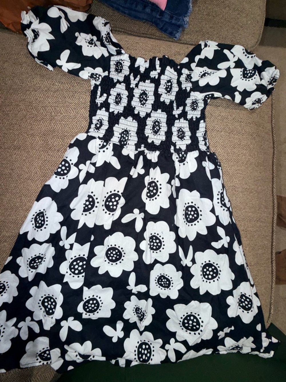 Girls Black & White Floral Smocked Dress